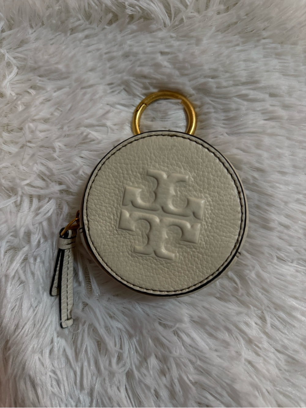 Tory Burch Thea Coin Purse Round Pouch Ivory Pebbled Leather Gold Tone Key Ring